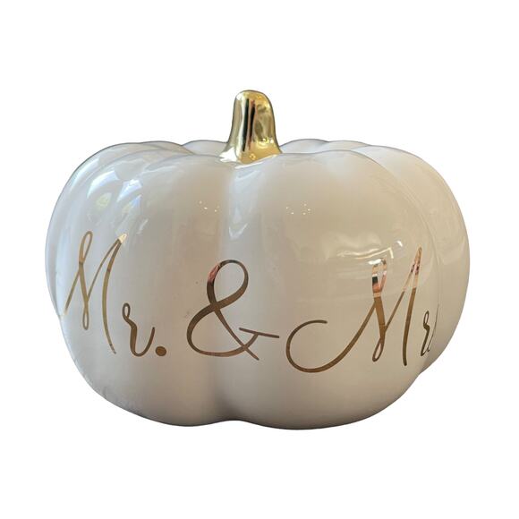 Martha Stewart MR. & MRS. Ceramic Pumpkin White Gold Stem Small Fall Decor NEW - Picture 4 of 10